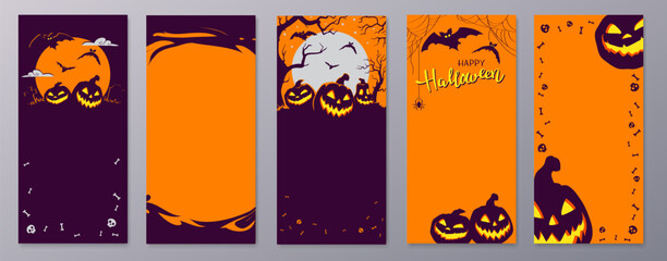 Happy Halloween stories template for phone photo. Business card with halloween story. Social media pack vector. Stories invitation template. Orange black colors. - obrazy, fototapety, plakaty
