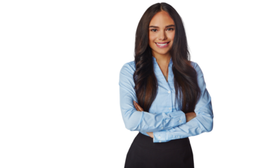 Happiness, portrait and business woman with arms crossed isolated on a transparent png background. Professional, smile and confident female person or entrepreneur from Brazil with pride for career.