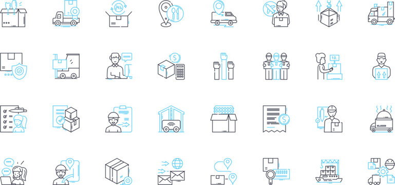 Transport agency linear icons set. Fleet, Logistics, Delivery, Shipment, Transport, Dispatch, Cargo line vector and concept signs. Freight,Carrier,Transit outline illustrations