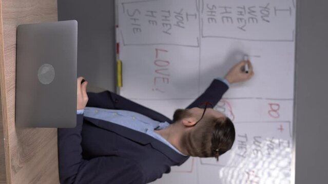 Remote education concept. Happy male teacher giving online English lesson, using laptop computer, pointing at whiteboard with english grammar rules at home class