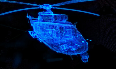 Military helicopter. Glow particles formation helicopter on a black background © mirexon