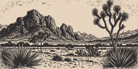 Foto op Plexiglas Mountain desert texas background landscape. Wild west western adventure explore inspirational vibe. Graphic Art. Engraving Vector © Graphic Warrior
