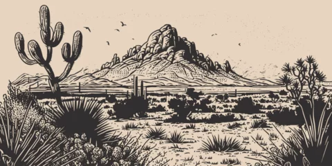 Foto op Aluminium Mountain desert texas background landscape. Wild west western adventure explore inspirational vibe. Graphic Art. Engraving Vector © Graphic Warrior