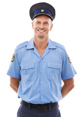 Happy, smile and portrait of a man police officer with confidence, leadership and vision. Security, compliance and professional law employee in a legal uniform isolated by transparent png background.