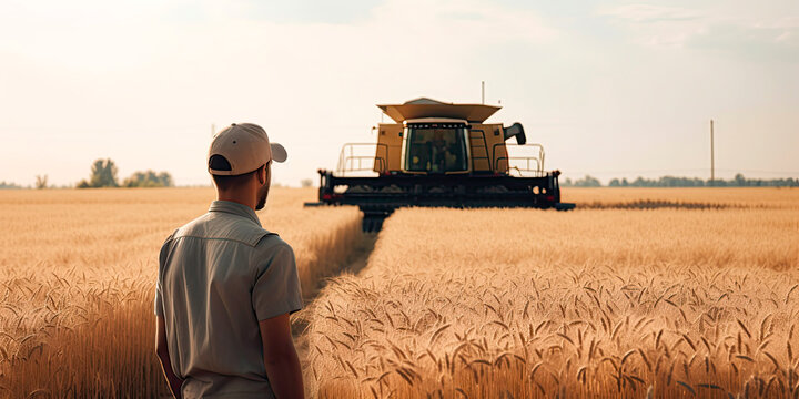 Farmer with combine harvester in wheat field