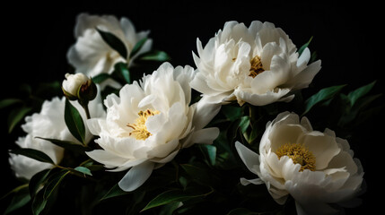 White peonies on a black background . generative AI