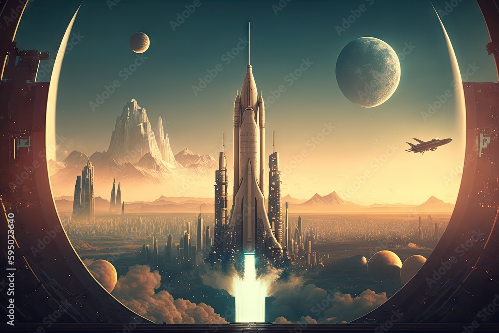 Sticker rocket launch, with view of planet and futuristic city in the background, created with generative ai