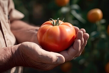 A man holds tomatoes in front of a ripening field. Farmer's hands close up. The concept of planting and harvesting a rich harvest.