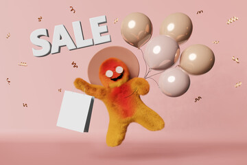 Cute Yeti flies on balloons shopping bag 3d character Sale pink background. Branding mockup shopper template Online shop discount promo banner Creative festive advertising design Holiday gift purchase