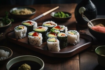 AI image of sushi rolls with rice and avocado on plate. Generative AI