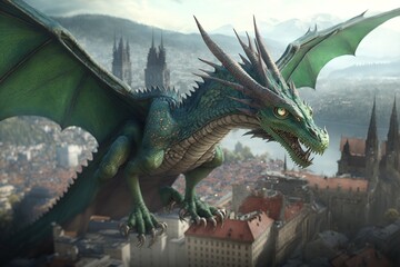 green dragon symbol of 2024. dragon flies over the city.generative ai