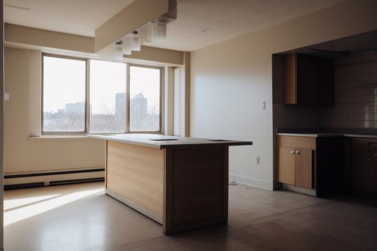 Modern wood and concrete kitchen interior. empty apartment kitchen. Generative Ai