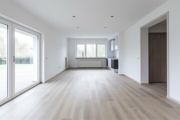 Obraz na płótnie Canvas Empty room interior design,modern kitchen room, empty house interior in scandinavian style, oak parquet floor. Generative Ai