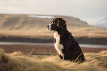 a Brown and white border collie dog in Iceland - obrazy, fototapety, plakaty