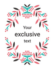 Obraz premium Clusters of mountain ash with leaves for the design and decoration of a postcard, poster, menu, banner. Wild berries in flat graphic geometric style isolated on white background. Template with text.