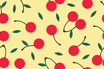 Image of cherry fruits with green leaves on a yellow background vector illustration. Cute cartoon fruit pattern, flat design for fashionable print. Vector illustration