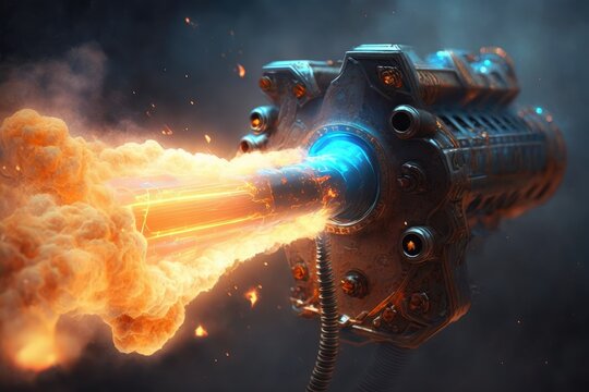 close-up of alien blaster, with smoke and fire emitting from the muzzle, created with generative ai