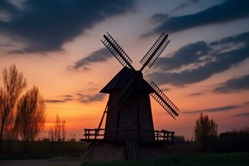 Plakat Windmill in the evening. Background. Generative AI
