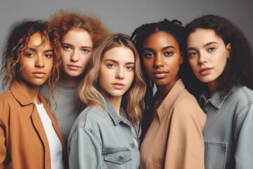 Fototapeta premium Portrait of a group of young beautiful mixed race women AI generative art