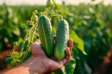 A man holds cucumbers against the background of a field. Farmer's hands close up. The concept of planting and harvesting a rich harvest.