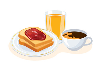 Breakfast with toasted bread, cup of coffee and glass of orange juice vector illustration. Toasted bread with jam drawing. Sweet breakfast still life vector on a white background