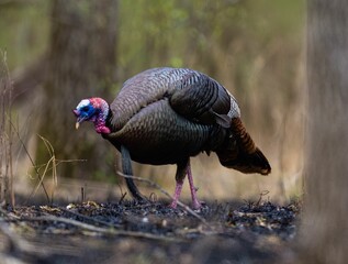 Wild turkey ambles through a picturesque forest