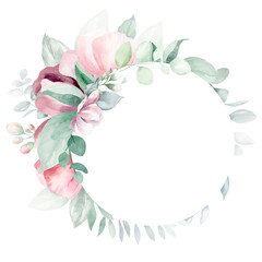 Luxury botanical wedding frame elements on white background. Set of circle shapes, wreaths of eucalyptus leaves, leaf branches. Elegant foliage design for wedding, cards, invitations, greetings.