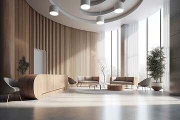 Bright office lobby or waiting area interior with furniture. Cozy designs concept. 3D Rendering. Generative AI