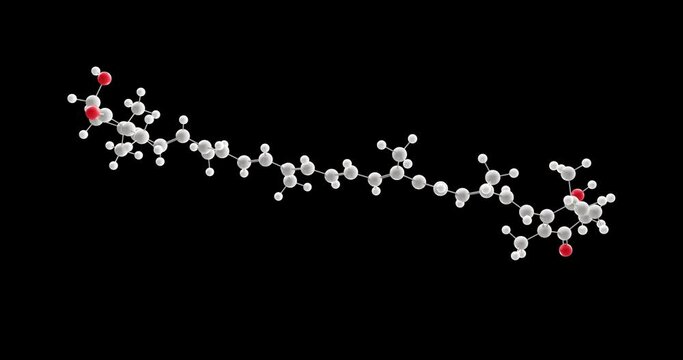 Astaxanthin molecule, rotating 3D model of lipid-soluble pigment, looped video with alpha channel