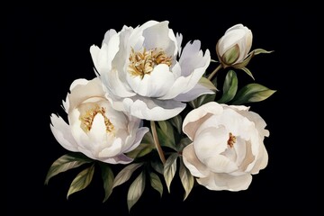 Fototapeta na wymiar Watercolor illustration of white peonies, flowers png isolated on transparent background. Graphic flower, watercolor bouqet for cards. Generative AI