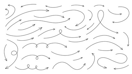 Hand drawn thin line arrows set. Vector curvy and wavy arrows isolated on white background.