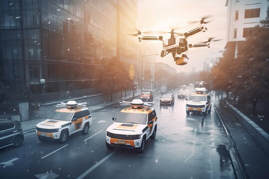emergency vehicle with sirens blaring, surrounded by swarm of autonomous drones carrying medical supplies, created with generative ai