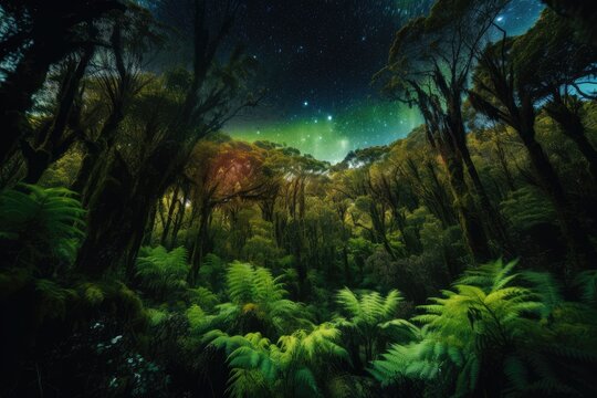 lush forest, with aurora borealis and australis dancing above, created with generative ai