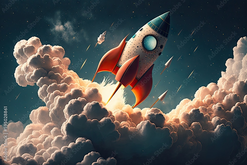 Wall mural rocket taking off into the sky with clouds and stars in the background, created with generative ai