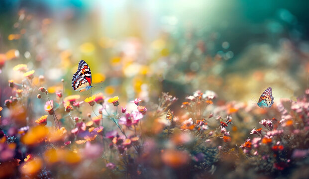 Wild flowers of clover and butterfly in a meadow in nature in the rays of sunlight in summer in the spring close-up of a macro. A picturesque colorful artistic image with a soft focus bokeh background