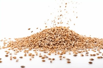 Barley malt grains levitate on a white background. Generative AI