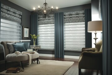 Plakat room with window treatments that change depending on the time of day, to create the perfect ambiance, created with generative ai