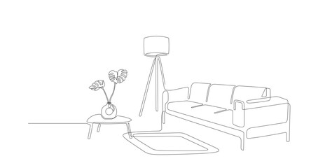 Continuous line interior with sofa, plant and lamp. One line drawing of Living room with modern furniture. Single line furniture. Hand draw contour. Bulb, flower in pot. Editable stroke. Doodle vector