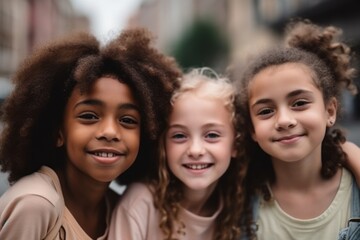 Obraz premium multi ethnic friends, children having fun together hanging out in the city Friendship and diversity concept. Ai generated