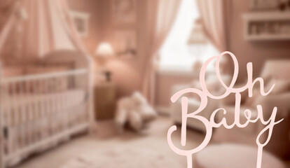 Fototapeta na wymiar Oh baby text in pink,Its a Girl pink theme Baby Shower or Nursery background with decorated on pink background.cute and cozy child room interior pink with toys and decorations on the background