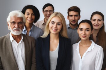 Fototapeta premium Group of multigenerational business team standing in front of camera during meeting work , Businesspeople with diverse age and ethnicity concept. Ai generated