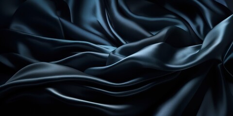 Dark blue vintage silk satin. Dark blue color. Luxury elegant background for design. Creases in fabric. Drapery. Shiny smooth silky surface. Wedding, romance. Wide banner. Panoramic © Eli Berr