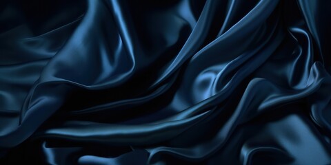 Dark blue vintage silk satin. Dark blue color. Luxury elegant background for design. Creases in fabric. Drapery. Shiny smooth silky surface. Wedding, romance. Wide banner. Panoramic