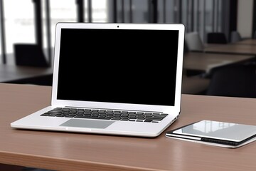 Fototapeta na wymiar Laptop mockup at workplace with black screen. Generative ai.
