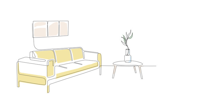 Continuous line drawing of sofa, photo frames and plant with abstract color shapes. One line interior Living room with modern furniture. Single line element Hand draw contour. Doodle illustration