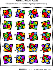 Abstract visual puzzle. For each row find two identical objects (possibly rotated). Answer included.
