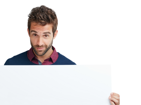 Poster, billboard and portrait of business man on png, isolated and transparent background. Advertising, branding and male person with empty banner space for announcement, promo information and news