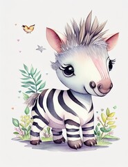 Fototapeta na wymiar (A cute illustration of a baby vintage watercolour zebra), t shirt design,adorable, fluffy, charming, whimsical, woodland cute animal, pastel tetradic colours, 3D vector art, cute and quirky, fantasy 
