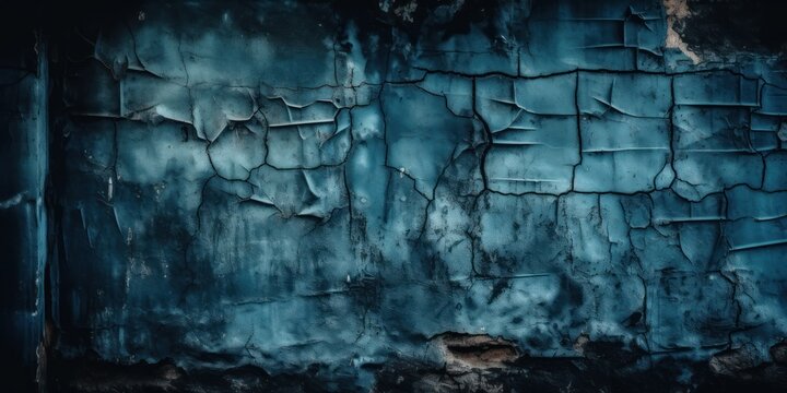 Black dark navy blue texture background for design. Toned rough concrete surface. A painted old building wall with cracks. Close up. Distressed, broken, crushed, collapsed, destruction
