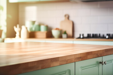 Wooden empty countertop in modern light green kitchen, kitchen panel in interior. Template showcase scene for advertising products - obrazy, fototapety, plakaty